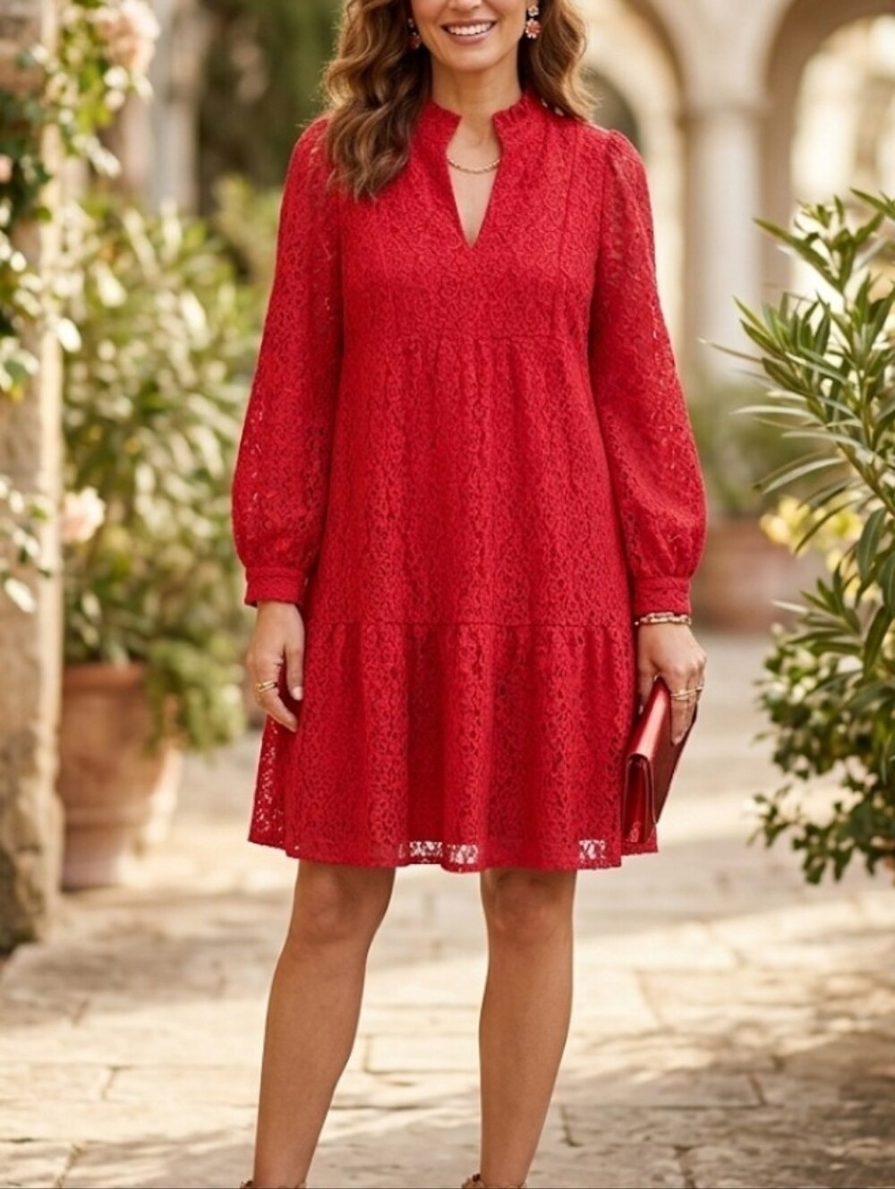 BELLE ISLE BY TORRID.. Women's Red Lace Long-Sleeve Tiered Dress Size 0=Large